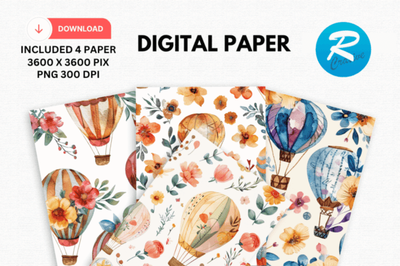 3D Hot Air Balloon Floral Digital Paper