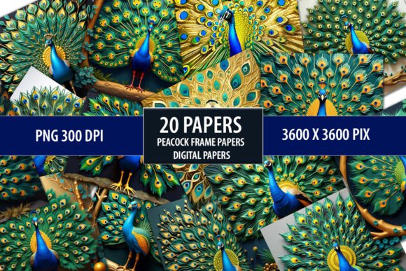3D Peacock Wall Frame Digital Papers