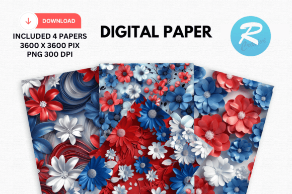 Red Blue 3D Floral Digital Backgrounds