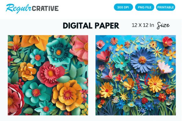 Vibrant 3D Flower Garden Digital Paper