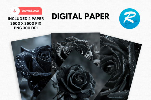 Watercolor 3D Black Rose Digital Paper